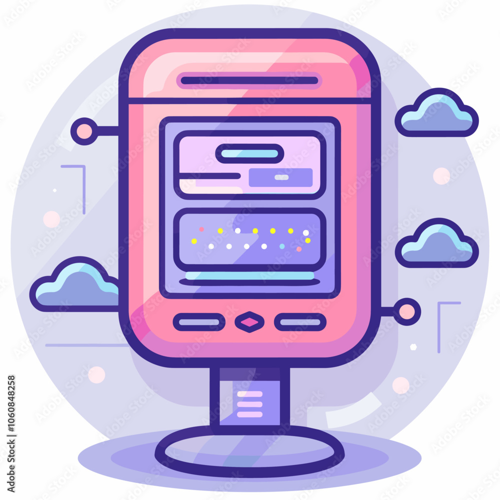 Poster pink device with a keyboard and a screen. the device is a cell phone