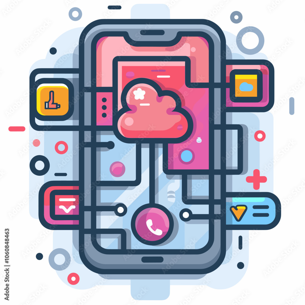 Poster cell phone with a pink cloud on it and a red button that says 