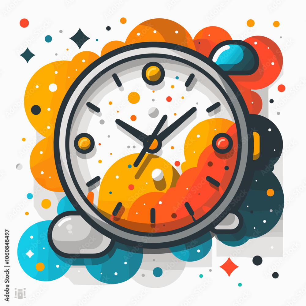 Poster colorful clock with the hands at 3:00 and 9:00. the clock is surrounded by a colorful background wit