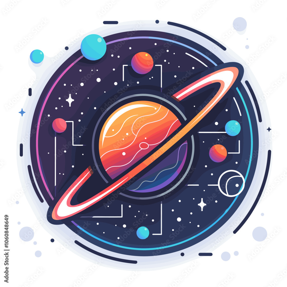 Poster colorful drawing of a planet with a ring around it. the planet is surrounded by many other planets a