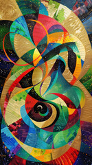 Obraz premium Within this dynamic, abstract artwork, interwoven geometric shapes and vivid, swirling colors combine to create a mesmerizing kaleidoscopic effect that captivates the viewers gaze