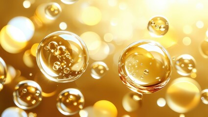 Bubbles, golden liquid, champagne, macro photography, shimmering, effervescent, high-contrast, luxurious, sparkling, reflective surfaces, warm tones, close-up, celebratory, elegant, glossy, transparen