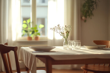 Serene minimalist dining setup bathed in warm sunlight, featuring a simple white tablecloth, delicate glass vase with wildflowers, and elegant tableware in a cozy home setting.