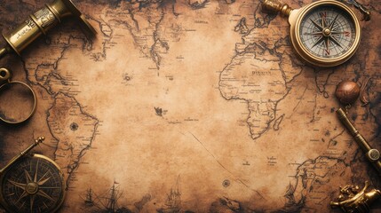 Vintage Map with Exploration Equipment: A Journey Through Time and Space