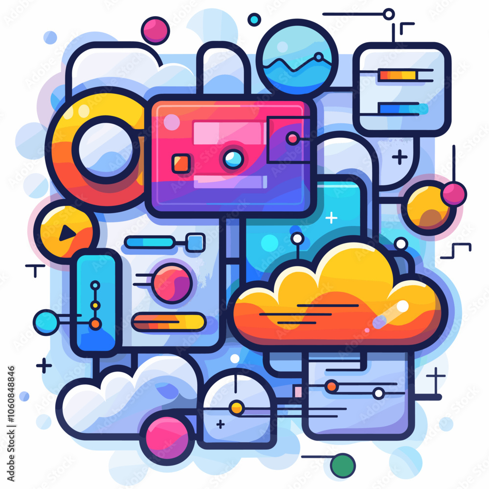 Aufkleber colorful drawing of a cloud with a red square in the middle. the square has a white circle with a re