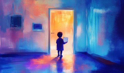 Obraz premium A child stands in a room, facing a doorway.
