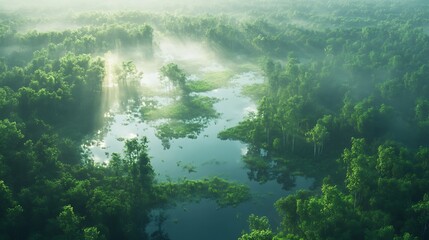 Obraz premium Scenic aerial view of a dense forest with interwoven wetlands, patches of water glistening amidst lush greenery, natural light casting soft shadows, tranquil atmosphere,