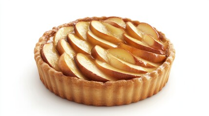 Golden apple tart with neatly arranged apple slices and a flaky crust, isolated on a white background, showcasing a classic dessert with a glossy finish