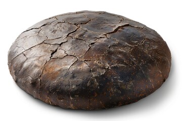 A single slice of freshly baked bread sits on a clean white surface, perfect for photography or illustration