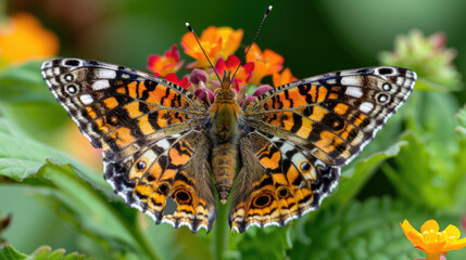 Obraz premium Vibrant Painted Lady Butterfly Resting on Colorful Lantana Flowers in a Lush Green Garden Setting