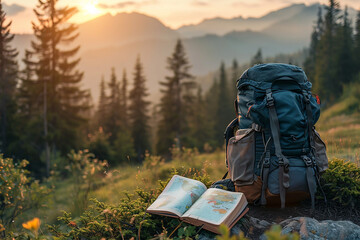 Backpack and open world map resting on rock in mountain meadow at sunset