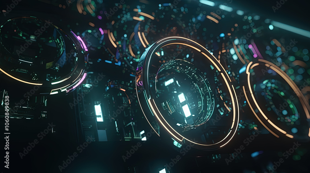 Poster Technology abstract background with hud styled round interface elements in neon tech light.
