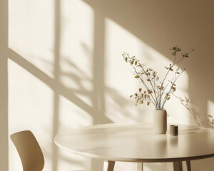Minimalist interior scene with soft natural sunlight casting gentle shadows on a simple table adorned with a delicate vase and plant, creating a peaceful and serene ambiance.