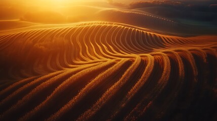 Naklejka premium Scenic aerial view of farm fields illuminated by low sunlight, neat rows creating natural patterns, deep shadows between lines of crops, warm earthy tones contrasting with fresh green,