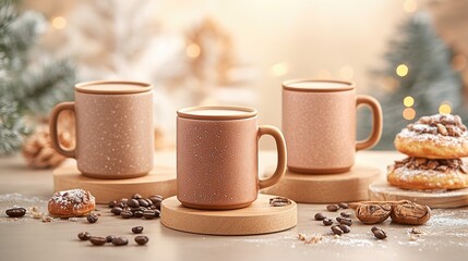 Cozy mockup of coffee mugs with blank surfaces on kitchen countertop, surrounded by pastries and coffee beans for cafe atmosphere. Mocha Mousse color 2025