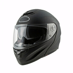 black motorcycle helmet with clear visor on white background
