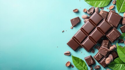 Luxurious chocolate packaging mockup on marble surface with cocoa beans and pieces for custom design