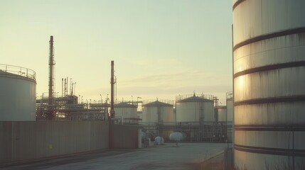Obraz premium Large fuel storage tanks at refinery, organized industrial setup, neat environment