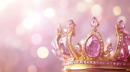 A gold crown adorned with pink gems against a bokeh background symbolizes royalty and luxury