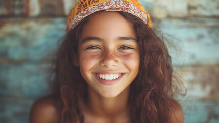 A young girl with brown hair and a yellow bandana on her head is smiling