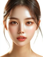 Beautiful Korean, young girl with brunette hair smooth skin and perfect face shapes and posing isolated white background