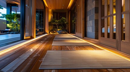 Obraz premium Warm lights softly illuminate a modern japanese house, casting a cozy glow on the wooden veranda and tatami mats leading to a tranquil bedroom