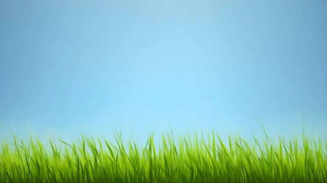 Fresh green grass in blue sky. Landscape summer green field sun sky nature. Some spikelet's moving slowly in wind. Lush wheat grows in agricultural field. Modern agriculture. Copy space