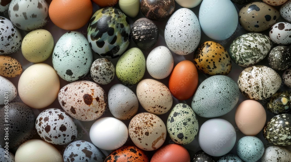 Poster diverse collection of bird eggs is lying on a surface, showcasing a wide array of colors, patterns, 
