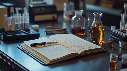 A detailed lab notebook open on a countertop, pen placed alongside, scientific tools like a pipette and small vials scattered nearby,