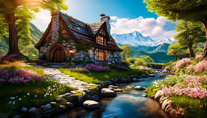 Beautiful cozy fantasy stone cottage in a spring forest aside a cobblestone path.