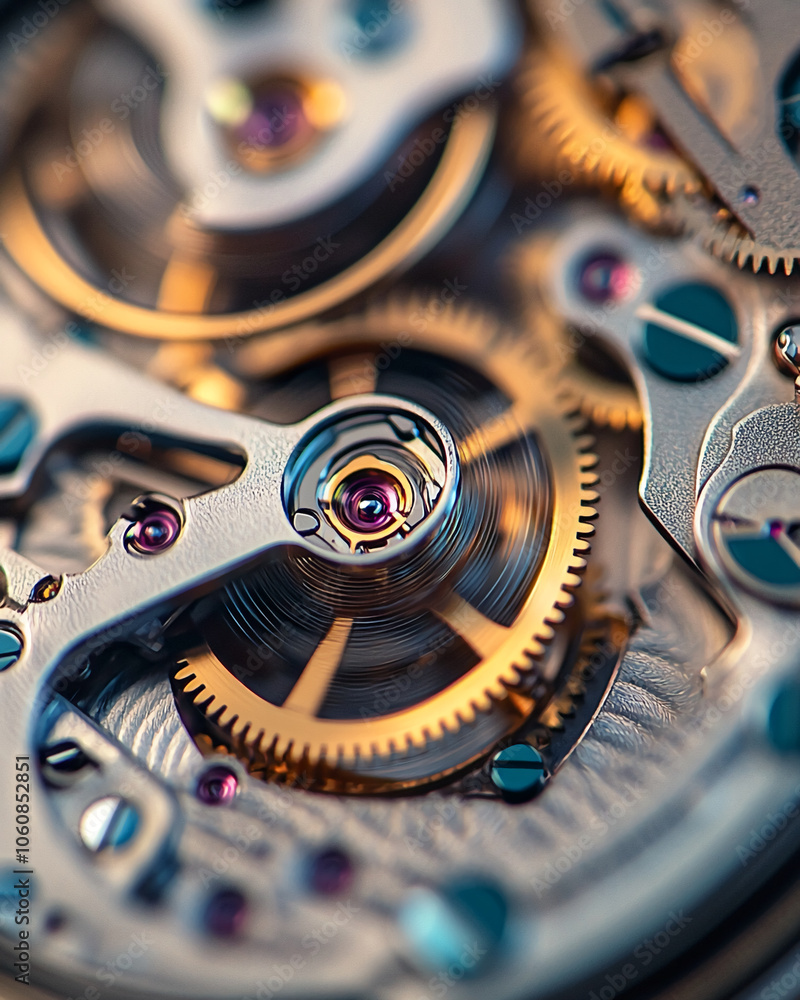 Poster a close-up view of a mechanical watch's intricate gears, showcasing the complex inner workings of a 