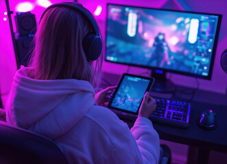 Professional gamer girl playing online video game using tablet and computer