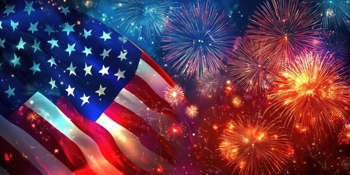 An image celebrating American independence with a flag and fireworks in the background.