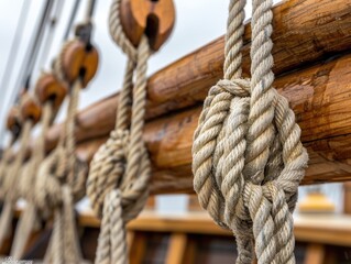Several wooden sailboat rigging lines and knots secured to a mast.
