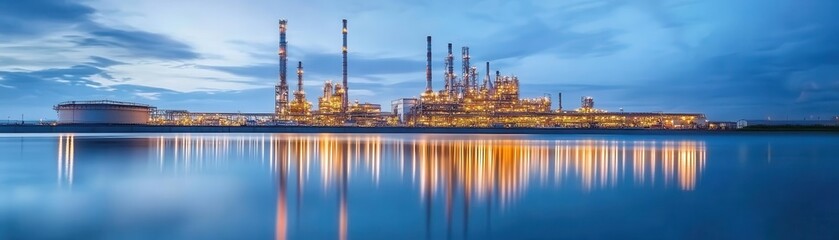 Oil refinery reflecting on water, serene industrial setting, balanced composition