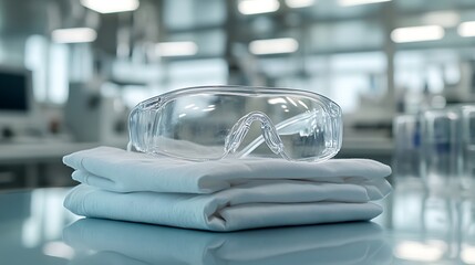 A pair of safety goggles and gloves resting atop a folded lab coat on a laboratory counter, clean lines and soft lighting creating a calm and orderly scene,