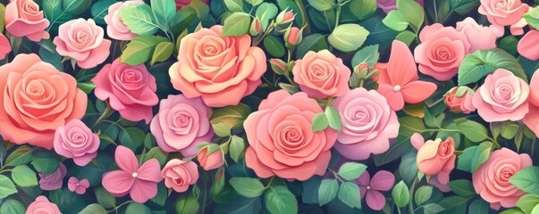 Vibrant garden blooms: lush pink and coral roses among green foliage