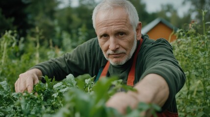 Fototapeta premium Elderly man gardening in springtime: nurturing flourishing nature in a tranquil backyard garden