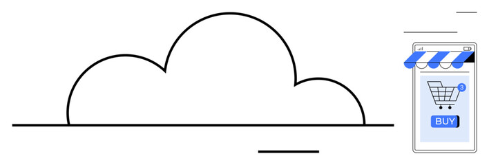 A cloud and a smartphone with a shopping cart icon and a buy button. Ideal for online shopping, cloud storage, ecommerce, digital transactions, and retail technology. Simple, modern, clean