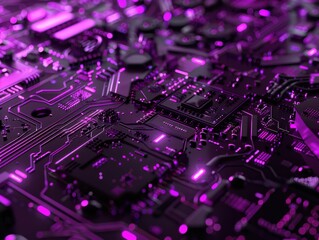 Obraz premium High-tech electronic board with glowing purple components.