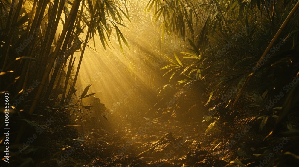 Poster sunbeams illuminate a path through a dense bamboo forest, creating a mystical and atmospheric scene.