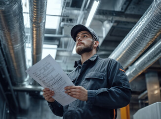 Hvac technician inspecting ventilation system and holding documents in industrial building