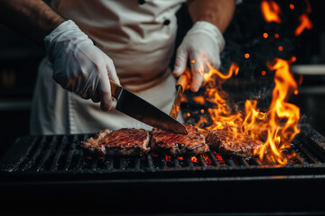Fototapeta premium Chef grilling delicious steaks on flaming barbecue grill