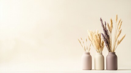Dried Flowers in Muted Pink and Beige Vases