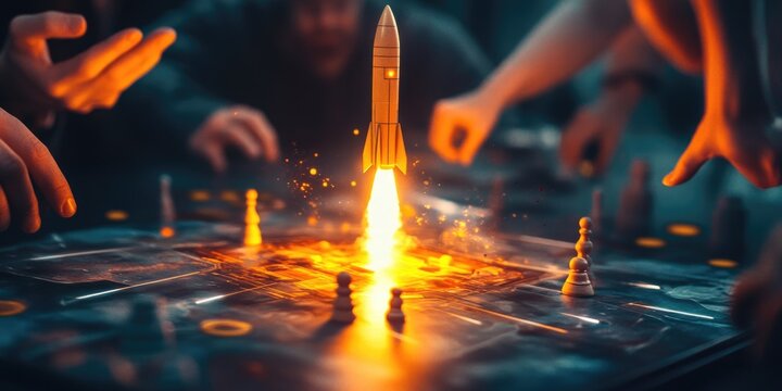 A group of friends collaborating in a board game, with a rocket launch as the centerpiece. Conceptual game night with strategic components.