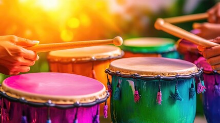Fototapeta premium Vibrant traditional hispanic musical celebration with colorful drums in action