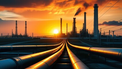 Industrial landscape, oil refinery, sunset, golden hour, pipeline, dramatic sky, silhouette, symmetry, vanishing point, energy infrastructure, cloudy horizon, vibrant colors, orange glow, metal struct