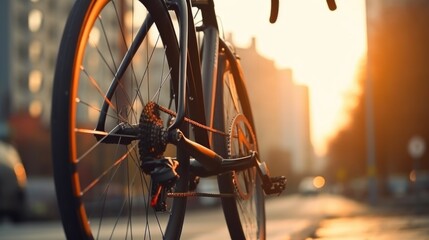 Bicycle parked on the sidewalk by tall buildings during sunrise. The bicycle has drop handlebars and is leaning against a pole.