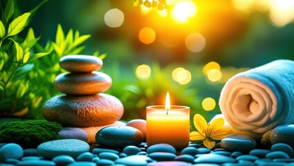 spa stones, candle, aromatherapy, zen garden, tropical leaves, sunset glow, water reflection, tranquil atmosphere, balance, harmony, soft focus, warm lighting, natural elements, wellness, relaxation, 