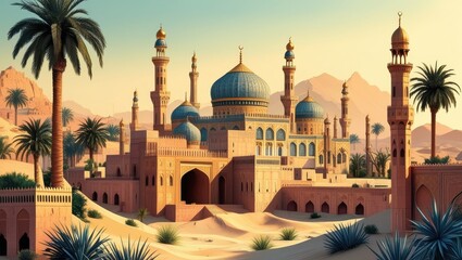 Naklejka premium Middle Eastern architecture, grand mosque, golden domes, minarets, desert landscape, sand dunes, palm trees, sunset lighting, vibrant colors, detailed illustration, Arabian fantasy, Islamic art style,
